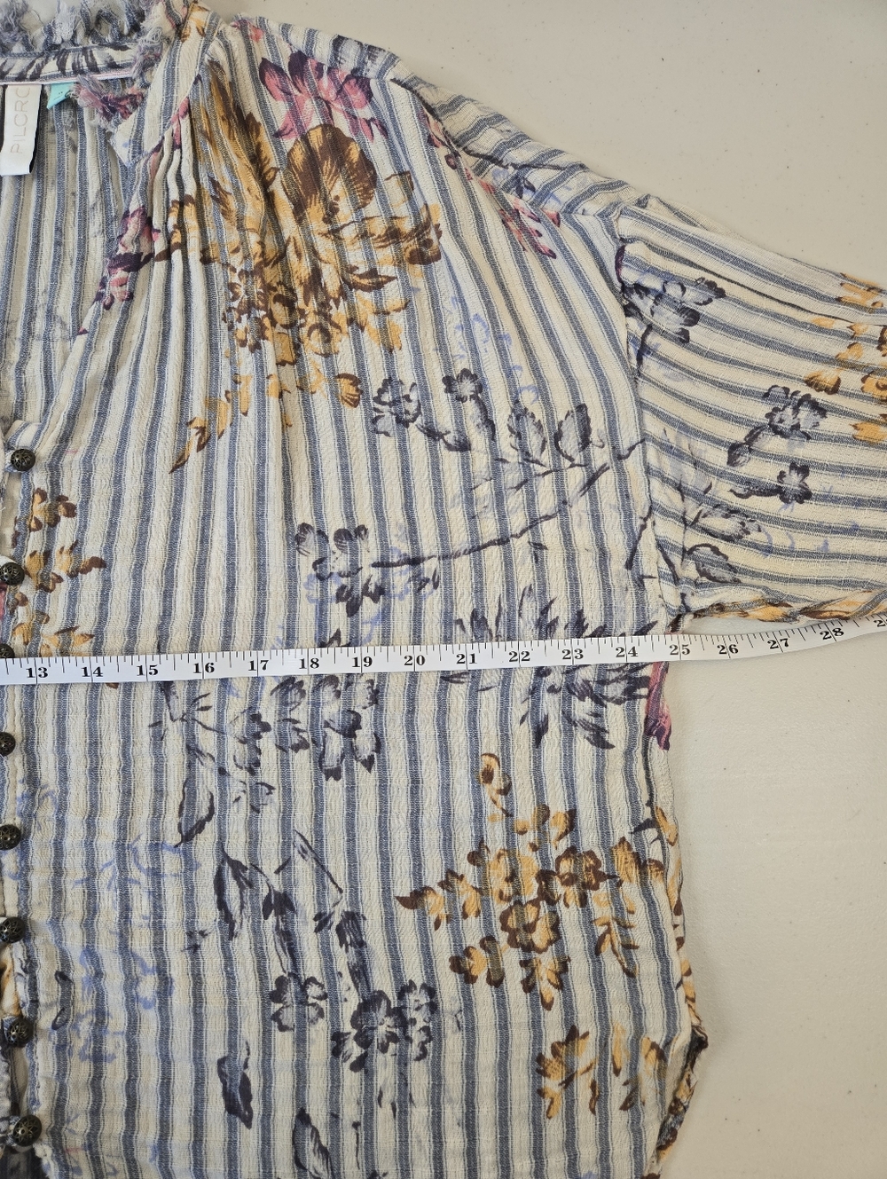 Pilcro Tavi Ruffled Striped Floral Button Down Top Cream Blue Anthropology 1X - Picture 15 of 16